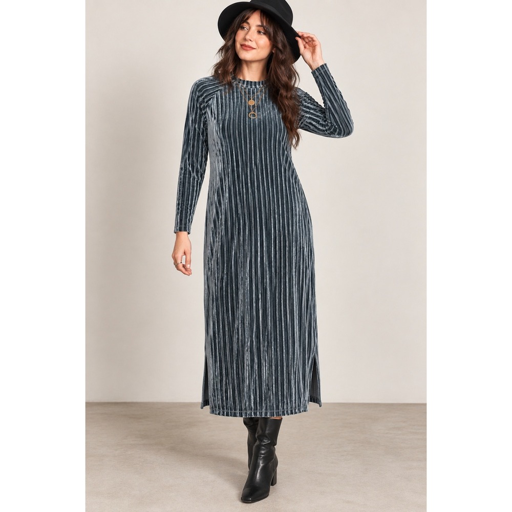 Witchy Goth Alt Blue Gray Ribbed Velvet Midi Dress XL Long Sleeve Minimalist